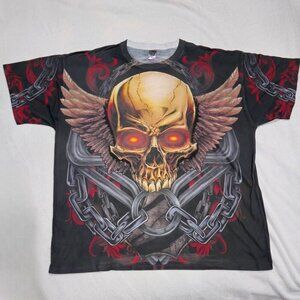 Rage On Graphic Tee – Black & Red 5XL Polyester Skull Wings Shirt | Gothic